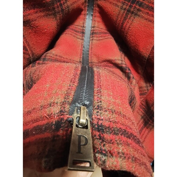 Red Buffalo Check Pendleton Lafayette  Wool  Coat Shearling Collar Womens  L - Picture 5 of 16